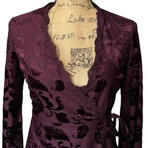 Francescas‎ Sz XXS Dress Velvet V-Neck Lined Belted Vamp Goth Burnout Sleeve